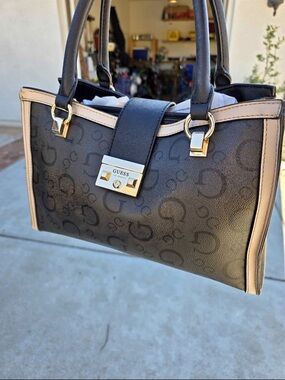 GUESS Black & Beige Logo Satchel with Gold Hardware